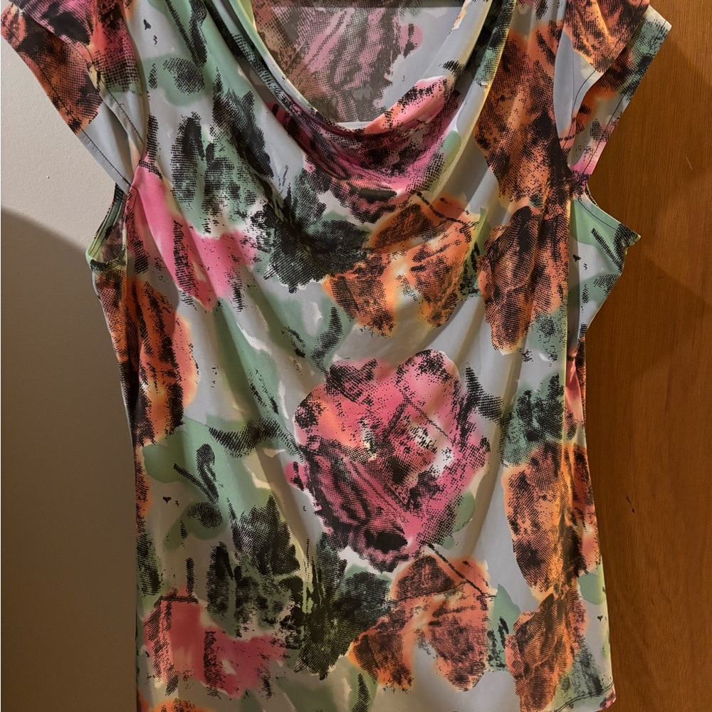 Women’s The Limited Grey Cowl Neck Floral Multicolor Blouse Size Large